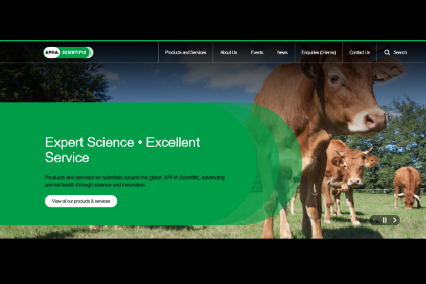www.aphscientific.com home page showing some cows and the heading, "Expert Science, Excellent Service"