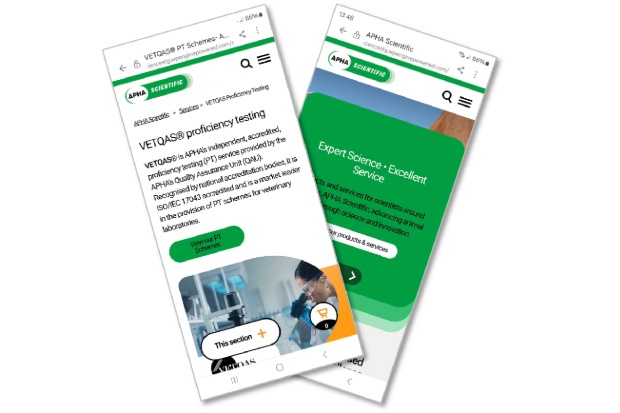Two crossed screenshots taken from a mobile device of the APHA Scientific website. These two screenshots are headed, "VETQAS proficiency testing" and, "Expert science, excellent service.".