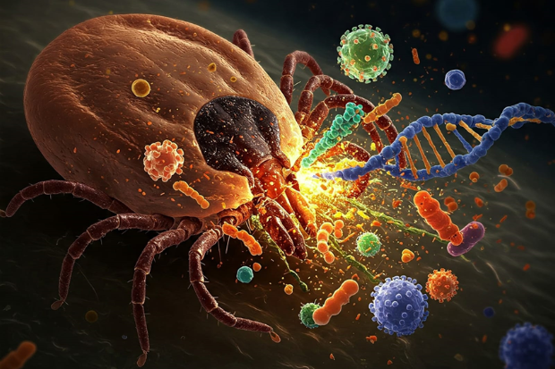 AI produced image of a brown insect with bacteria and a DNA double helix exploding from it.