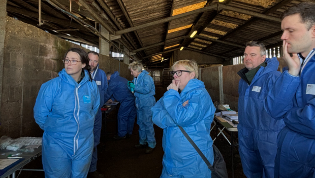 Group of individuals looking thoughtful inside a barn, all wearing PPE