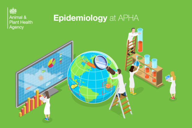Cartoon-style image of several scientists looking at: graphs, test tubes, laptops and images of viruses on a globe. The title, "Epidemiology at APHA" and APHA logo are also shown.