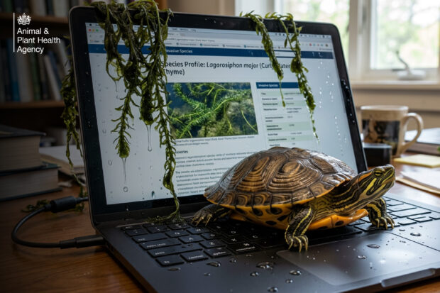 Image of a yellow-bellied slider sitting on the keyboard of an open laptop with a wet pond plant draped over the screen. The screen shows the species profile of Lagarosiphon major 