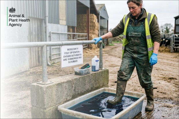 Image of a female farm worker dipping her wellington boots into a shallow container containing a blue liquid. A farm scene is in the background. There is a sign next to the person which says, "Biosecurity foot dip station - ensure both boots are submerged and scrubbed". The APHA logo is also displayed.