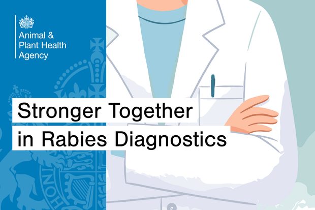 A cartoon veterinarian/scientist beside the Animal & Plant Health Agency logo. The banner reads “Stronger Together in Rabies Diagnostics,” conveying a collaborative, professional tone.