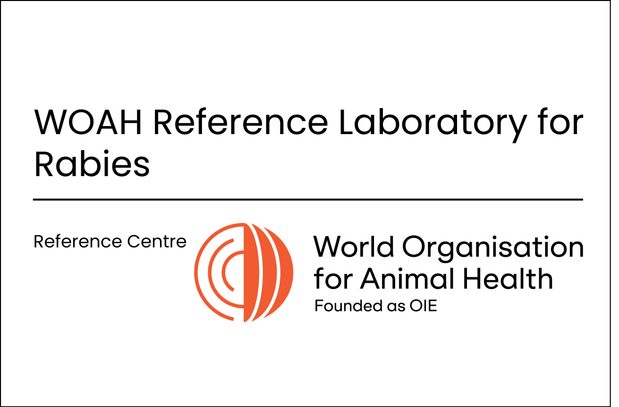 A clean white title card reads “WOAH Reference Laboratory for Rabies,” with the World Organisation for Animal Health name and orange logo, in a formal tone.