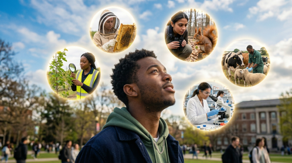 A thoughtful young man looks upward on campus, framed by glowing scenes of scientists studying bees, plants, wildlife, and lab research, evoking curiosity.