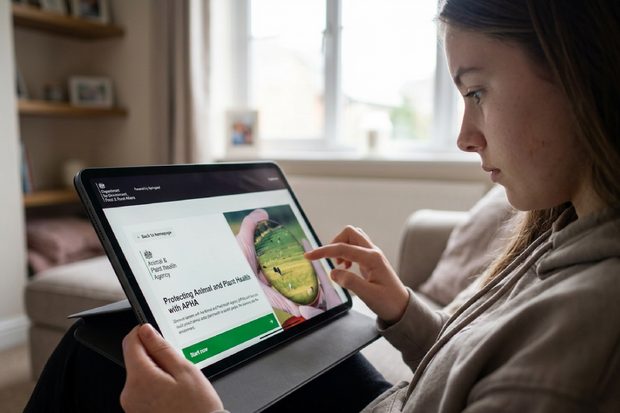 A young woman taps a tablet showing an APHA webpage with a green field, seated by a bright window; the quiet home scene feels focused and calm.